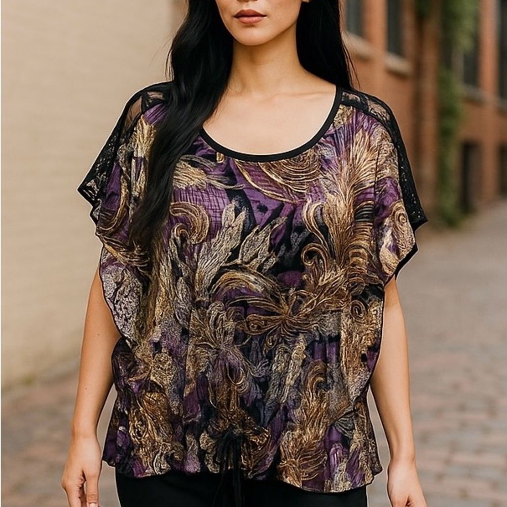 Elegant Tunic Top Lace Back Panel SZ XL Short Sleeve Gold Lame Stretchy